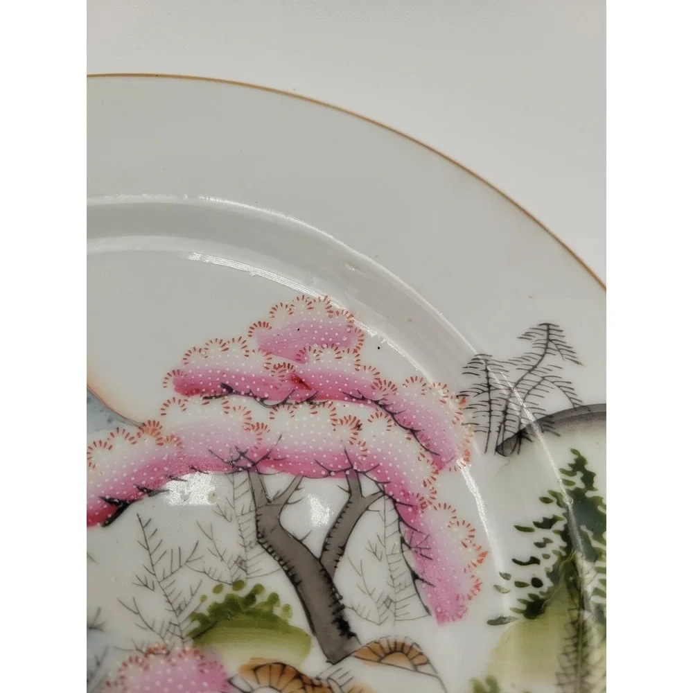 Set of 5 Vintage Kutani Japan KUT21 salad plates pink textured trees bridge gold